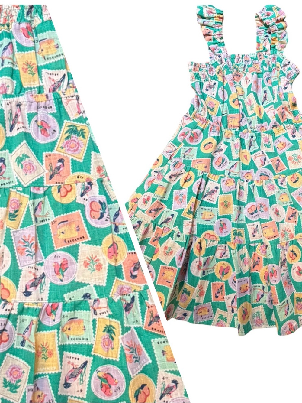 Copper Key Mint Green Tiered Dress with Multicolor Birds Stamp Print
